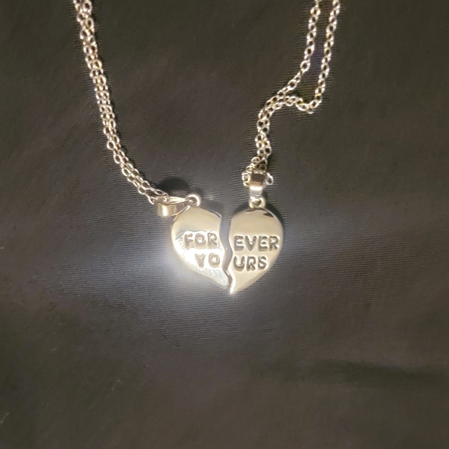 Pendant Engraved with Forever Yours. Two Necklace with Heart Pieces