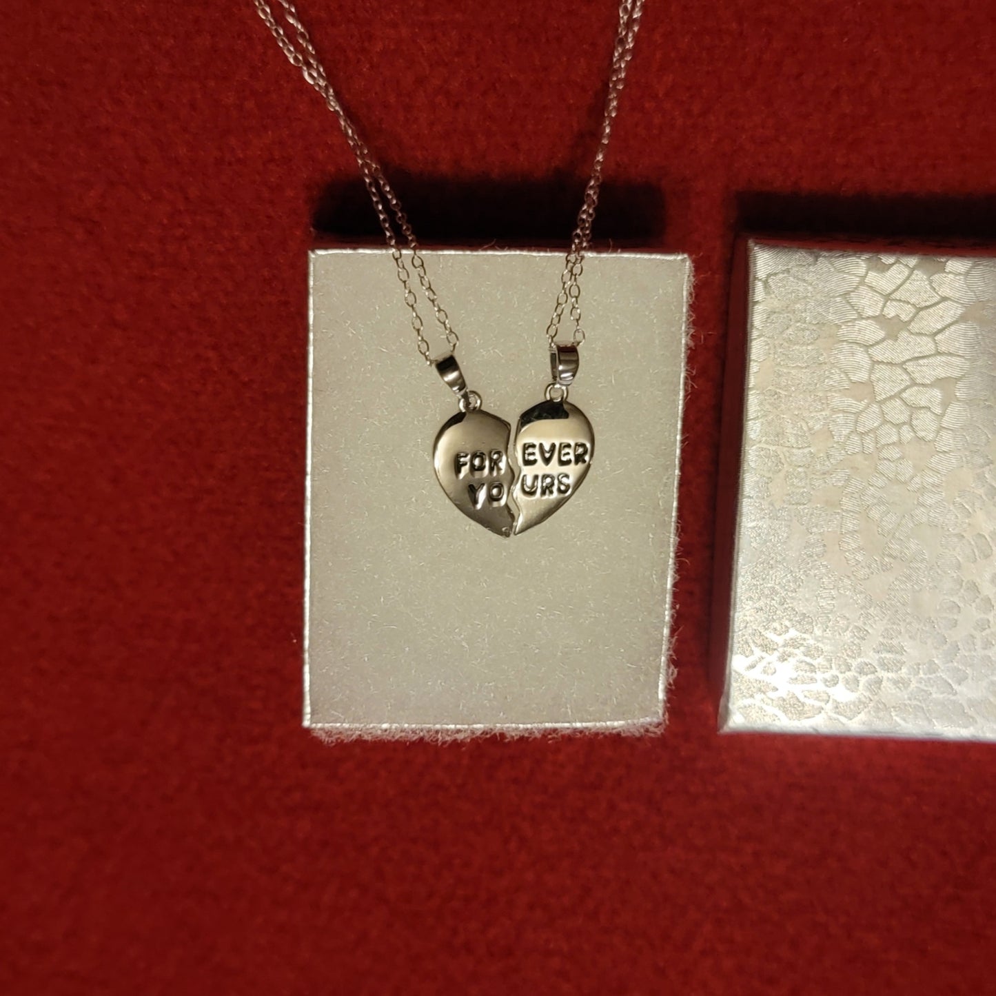 Two Necklace with Heart Pieces. Pendant Engraved with Forever Yours