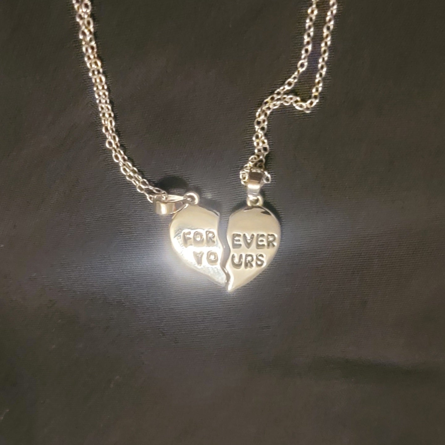 Two Necklace with Heart Pieces. Pendant Engraved with Forever Yours